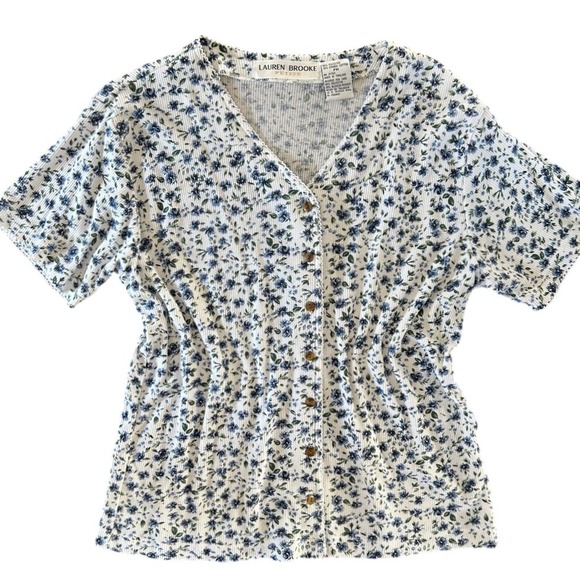 Lauren‎ Brooke Vintage Blue Floral Button Down Ribbed Short Sleeve Tee Medium - Picture 1 of 6